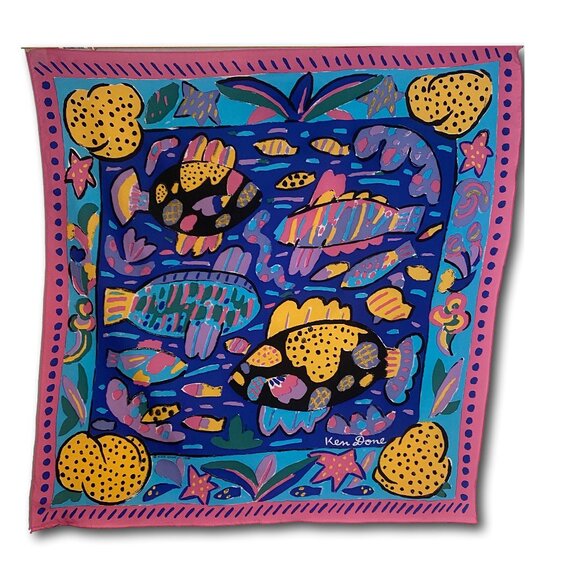Fancy Fish Vibrant Colors Ken Done Silk Scarf Excellent Condition - Picture 1 of 2